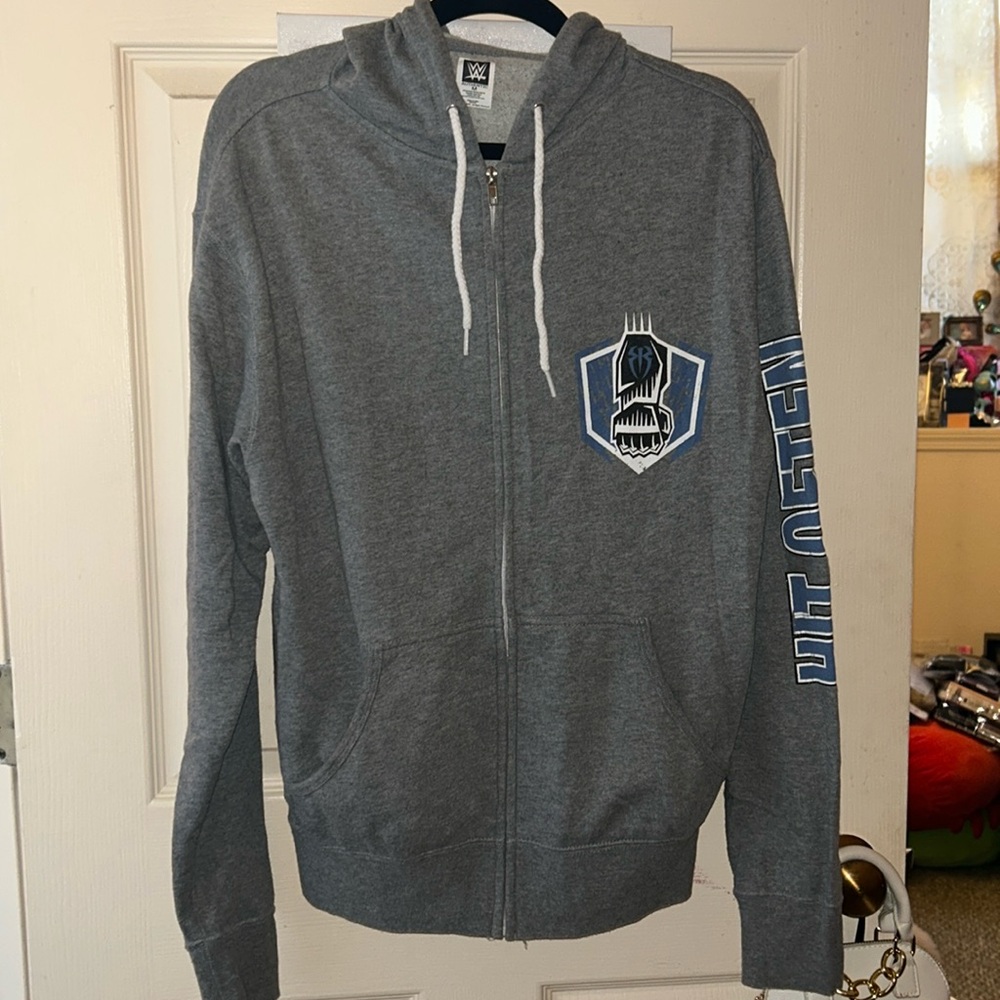 W Authentic Size Medium Roman Reigns Hit Hard Hit Often Gray Zip Hoodie